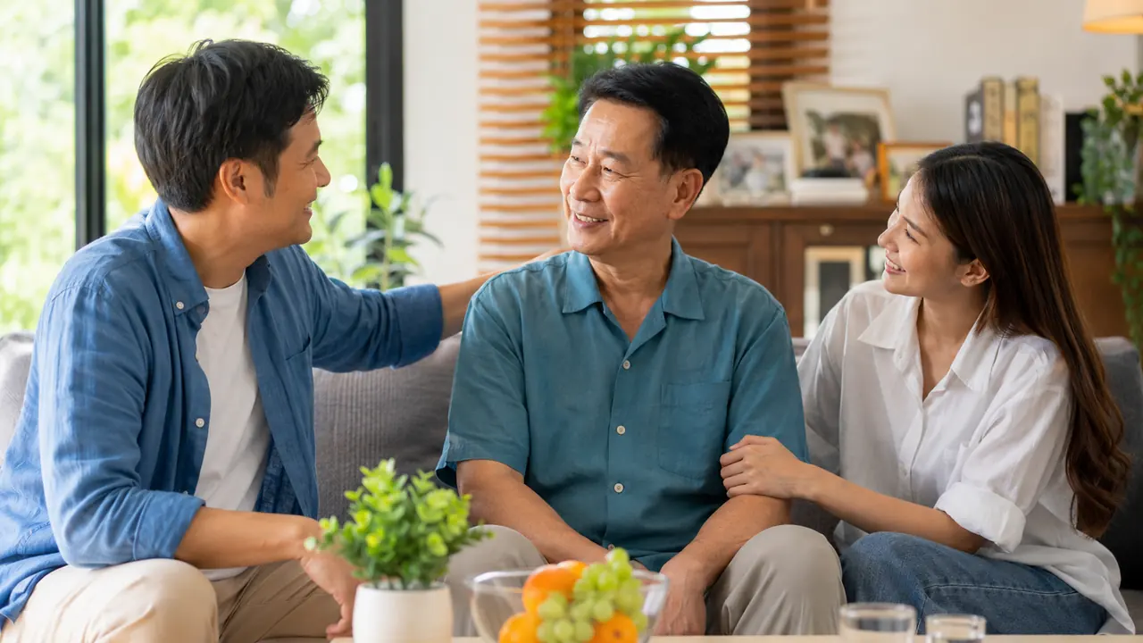 ครอบครัวไทยยิ้มและอยู่เคียงข้างกันอย่างอบอุ่นในบ้านเพื่อสนับสนุนผู้ป่วยมะเร็ง